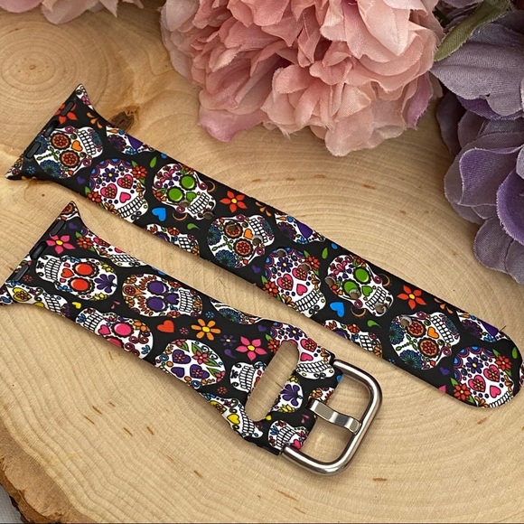Colorful Day of the Dead Sugar Skull Silicone Watchband for Apple - Picture 11 of 13